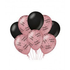 De Rosegold/Black Ballonnen Happy Birthday (ook voor helium)