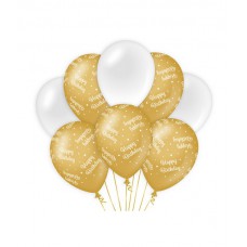 De Gold/White Ballonnen Happy Birthday (ook voor helium)